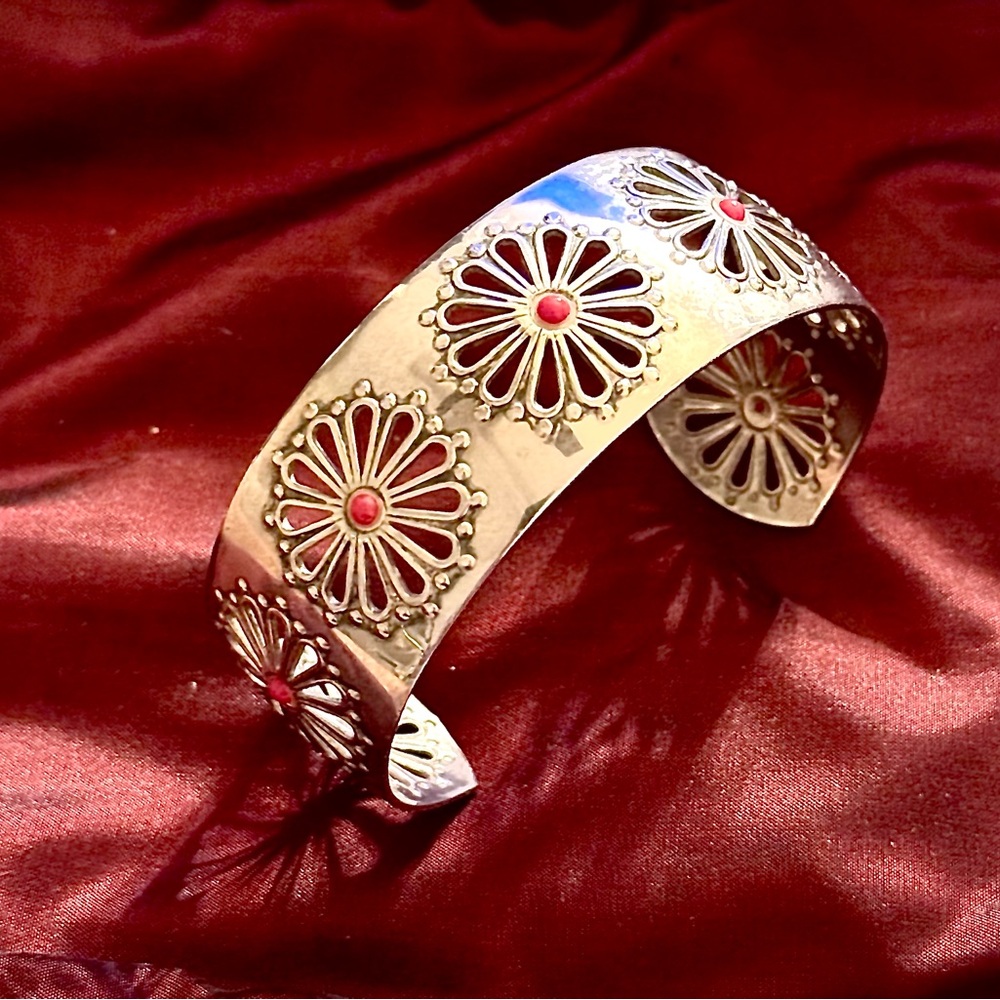 Sterling Silver 925 Cuff With Red Coral Cabochons
